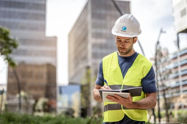 Un homme portant des EPI - casque de chantier et gilet jaune - est dans la rue et regarde une tablette