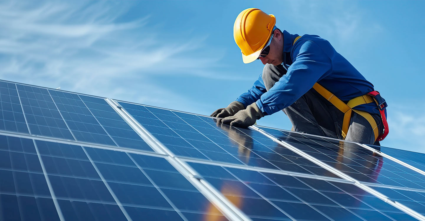 Homme sur un toit inspecte des panneaux photovoltaiques