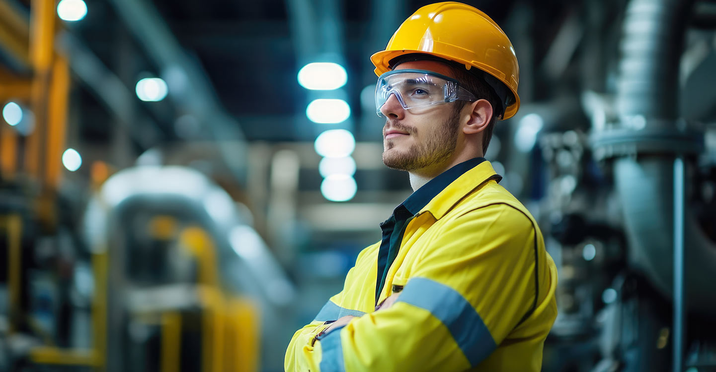 Homme avec EPI lors d'une inspection d'usine